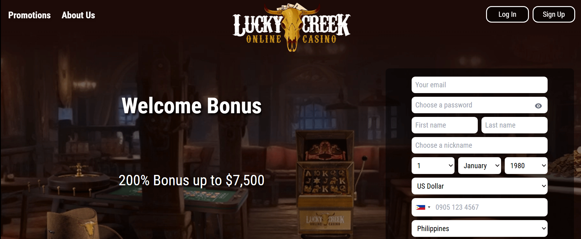 Screenshot showing Lucky Creek Casino gaming site